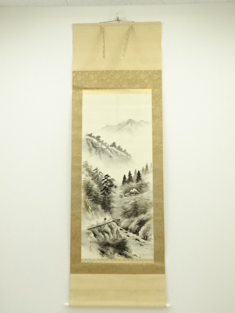 平野翠雪筆　水墨山水　肉筆絹本掛軸（共箱）
